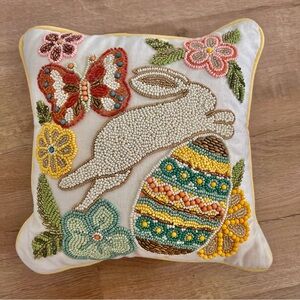 Vtg‎ Pier 1 Beaded Easter Rabbit Throw Pillow 12”, Bunny Eggs Butterfly Flowers